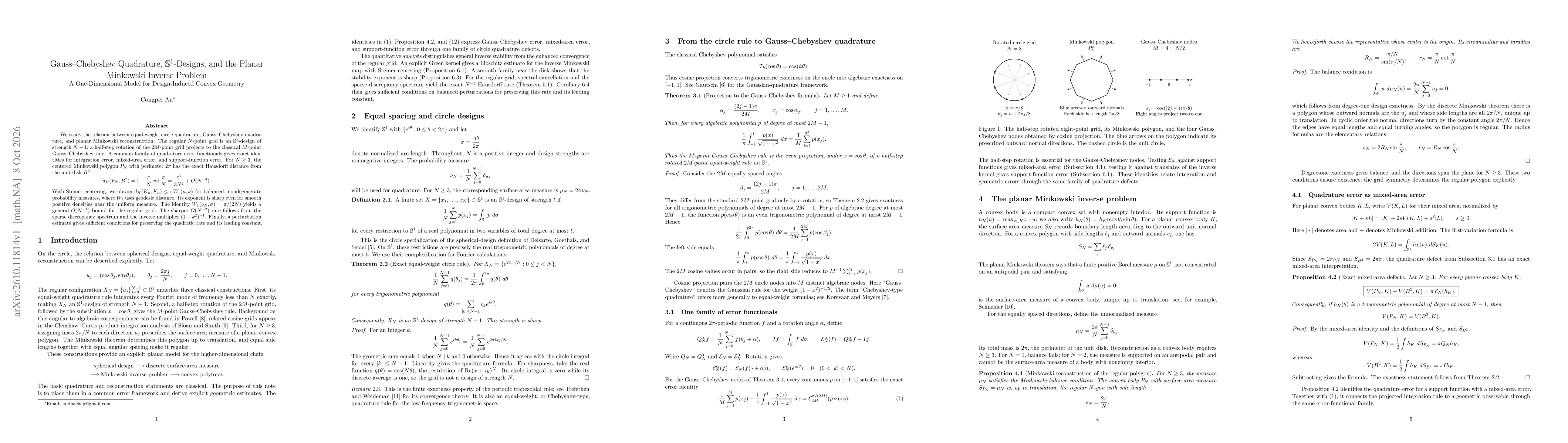 Thumbnail for Gauss--Chebyshev Quadrature, $\mathbb S^1$-Designs, and the Planar Minkowski Inverse Problem: A One-Dimensional Model for Design-Induced Convex Geometry