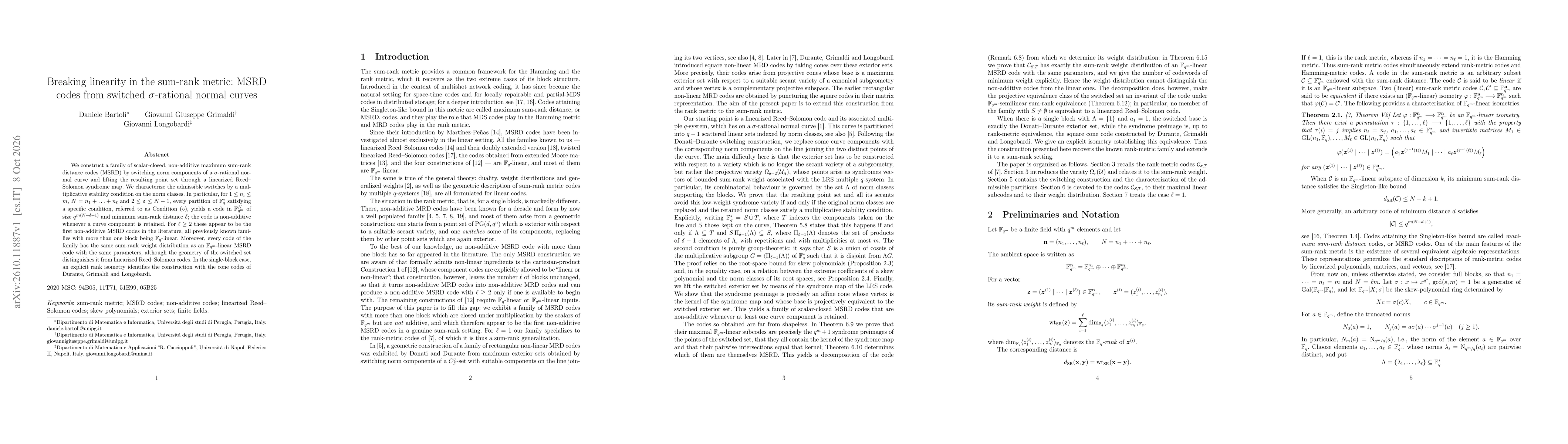 Thumbnail for Breaking linearity in the sum-rank metric: MSRD codes from switched $σ$-rational normal curves