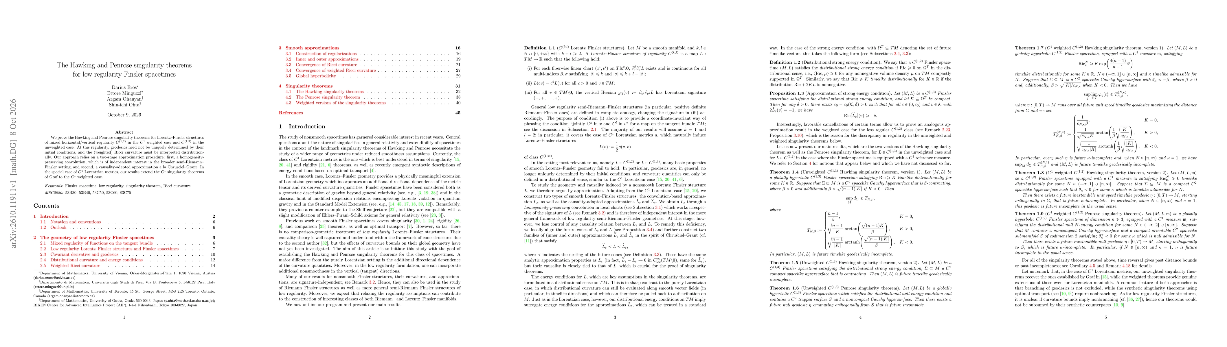 Thumbnail for The Hawking and Penrose singularity theorems for low regularity Finsler spacetimes