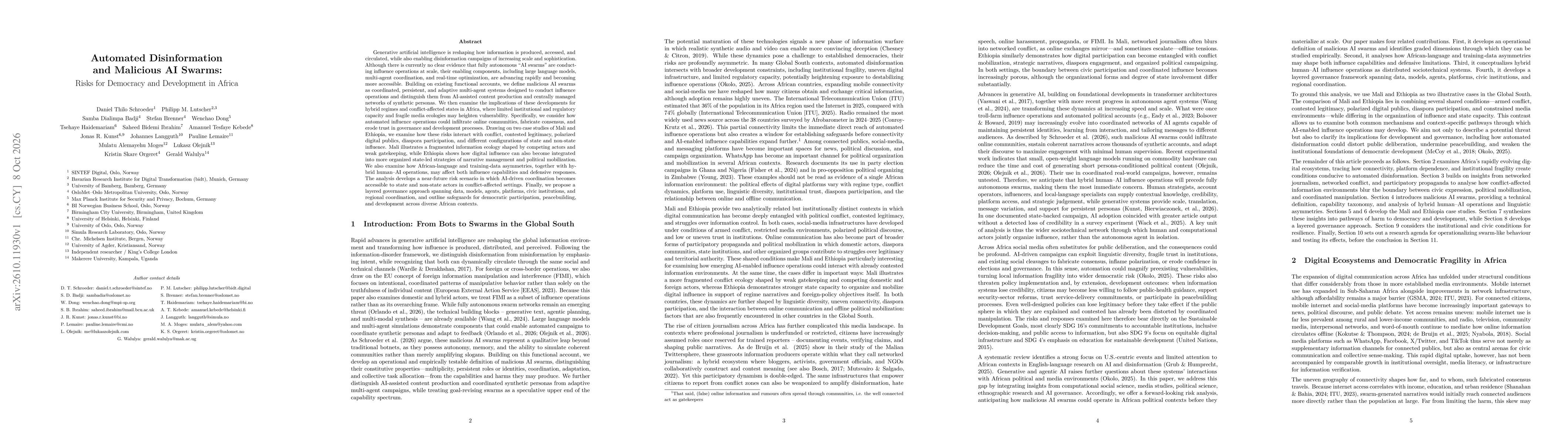 Thumbnail for Automated Disinformation and Malicious AI Swarms: Risks for Democracy and Development in Africa