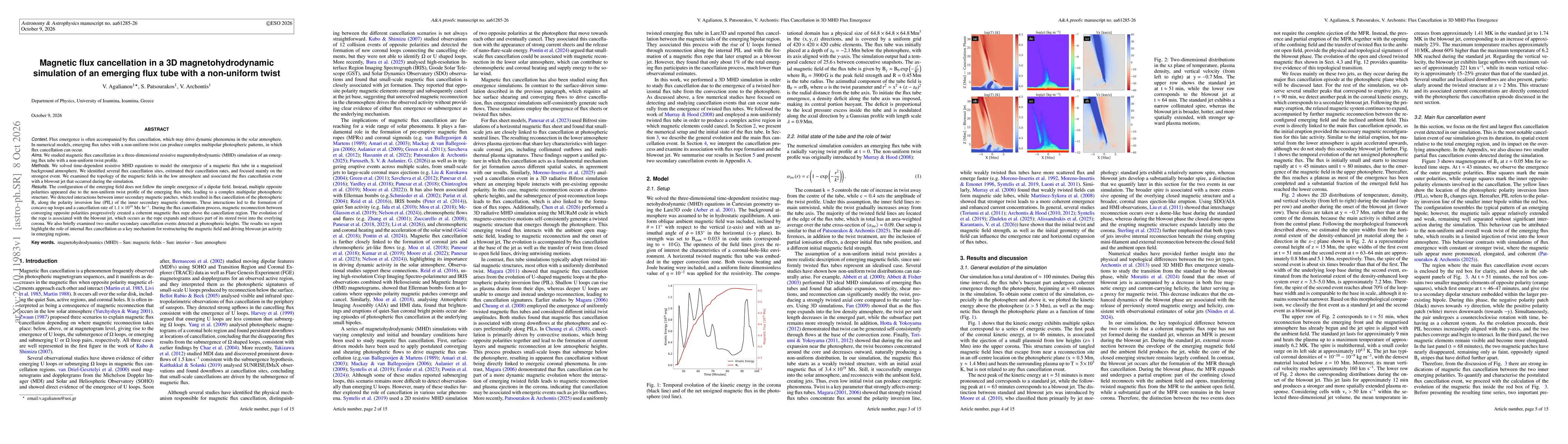Thumbnail for Magnetic flux cancellation in a 3D magnetohydrodynamic simulation of an emerging flux tube with a non-uniform twist