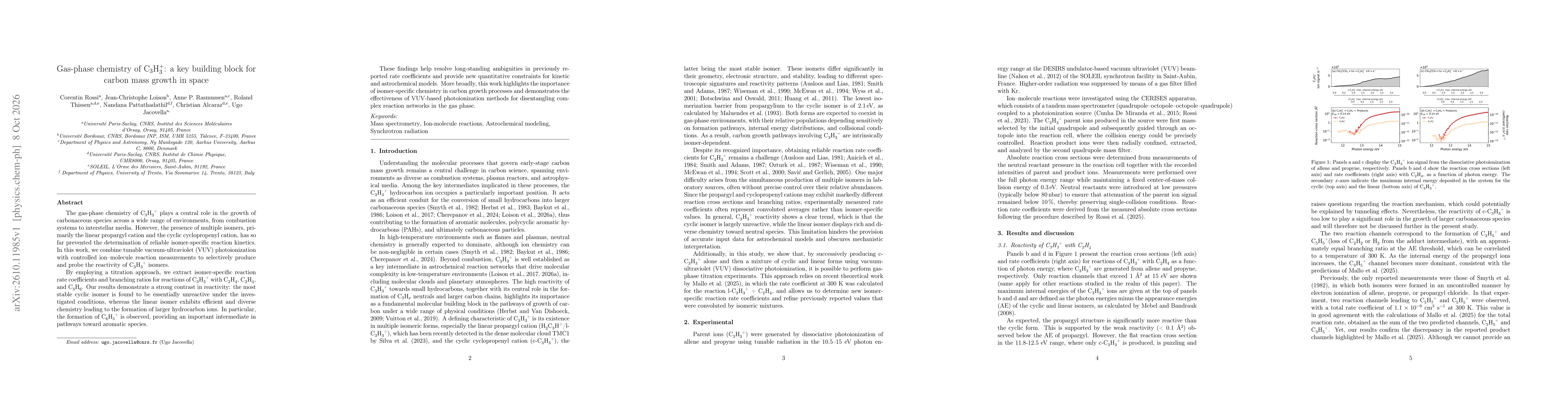 Thumbnail for Gas-phase chemistry of $\mathrm{C}_3\mathrm{H}_3^+$: a key building block for carbon mass growth in space