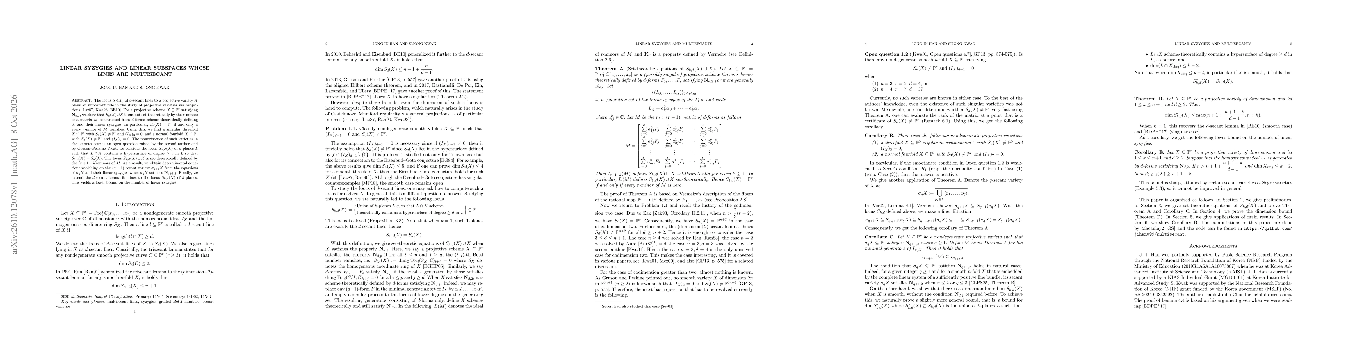 Thumbnail for Linear syzygies and linear subspaces whose lines are multisecant