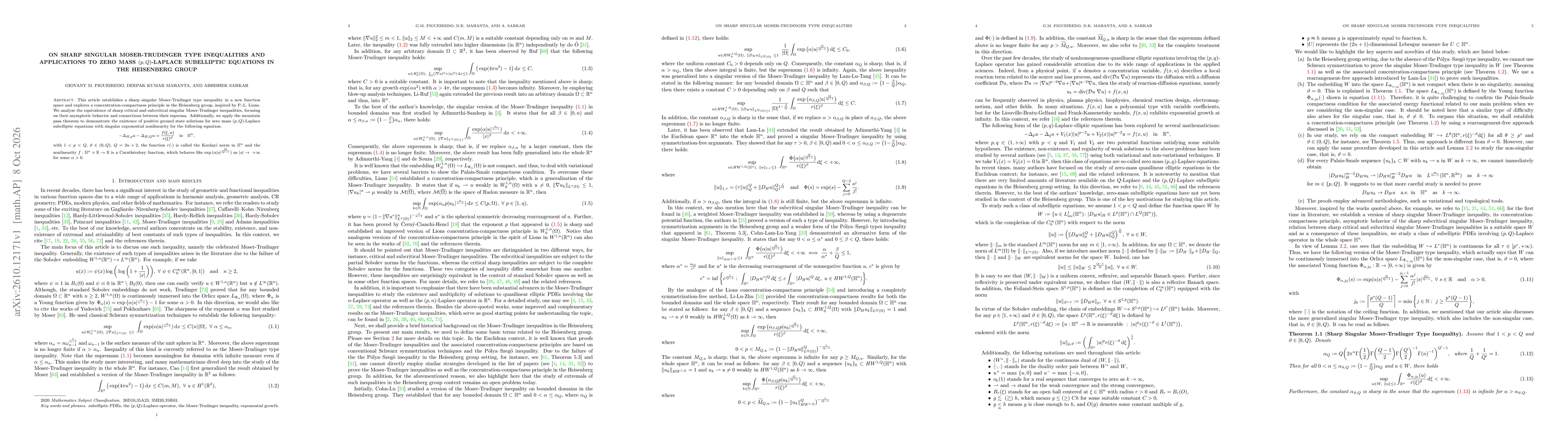 Thumbnail for On sharp singular Moser-Trudinger type inequalities and applications to zero mass $(p,Q)$-Laplace subelliptic equations in the Heisenberg group