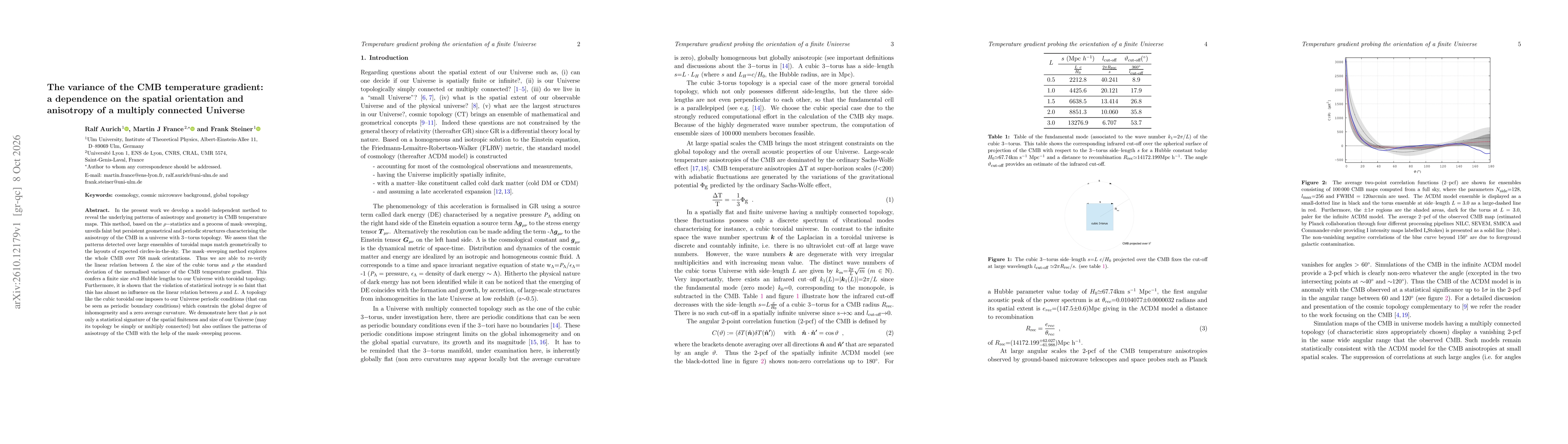 Thumbnail for The variance of the CMB temperature gradient: a dependence on the spatial orientation and anisotropy of a multiply connected Universe