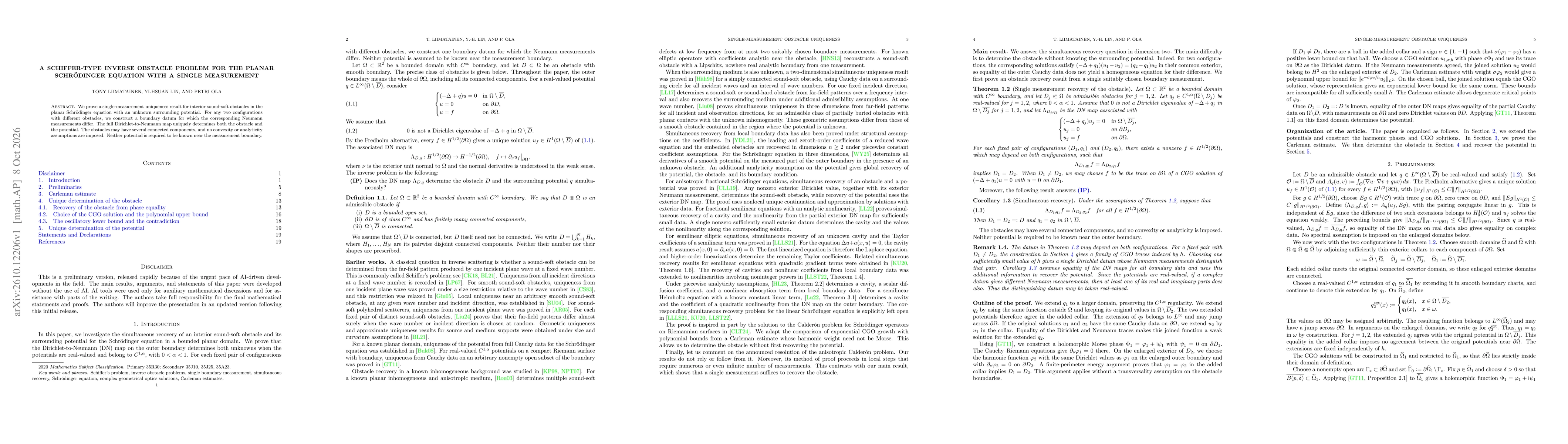Thumbnail for A Schiffer-type inverse obstacle problem for the planar Schrödinger equation with a single measurement