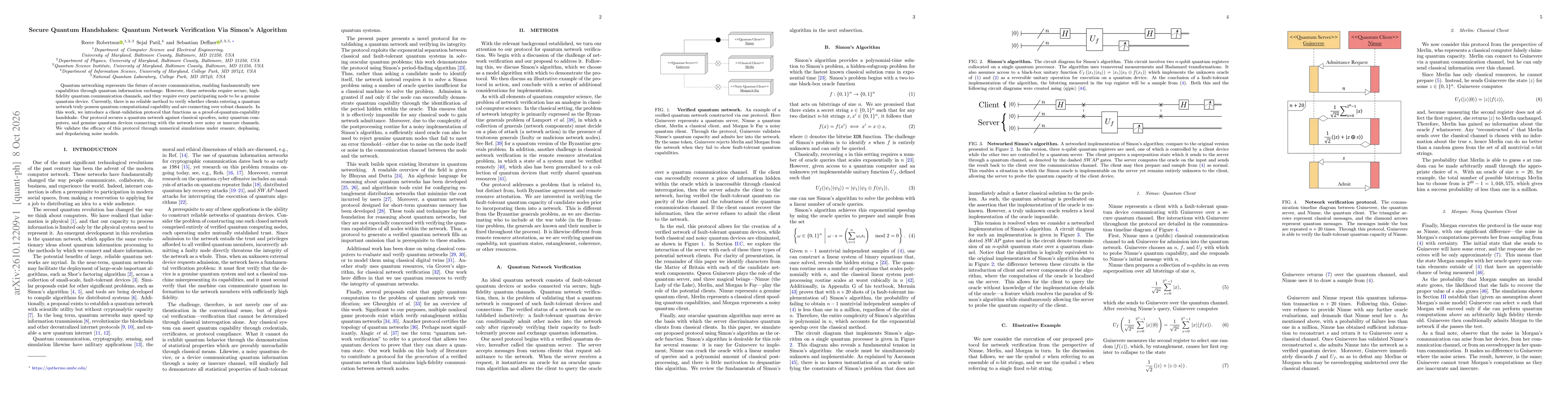 Thumbnail for Secure Quantum Handshakes: Quantum Network Verification Via Simon's Algorithm