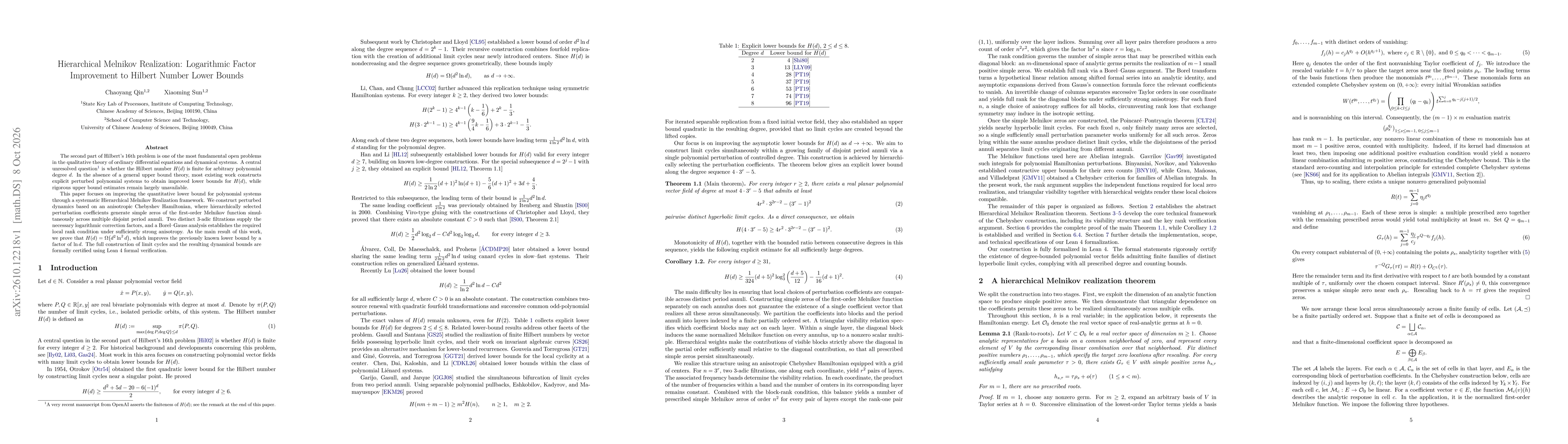 Thumbnail for Hierarchical Melnikov Realization: Logarithmic Factor Improvement to Hilbert Number Lower Bounds