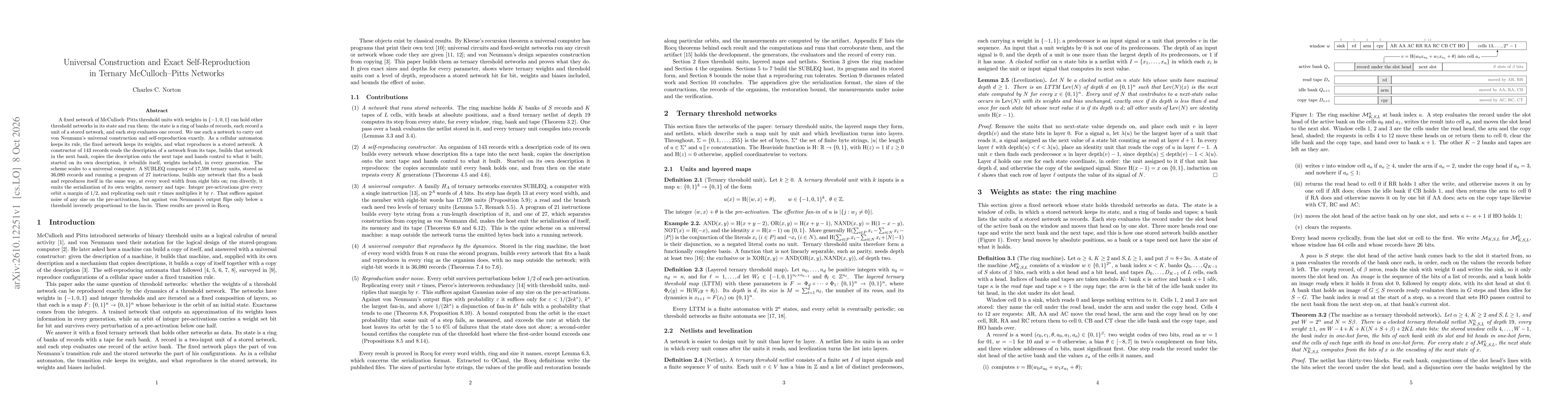 Thumbnail for Universal Construction and Exact Self-Reproduction in Ternary McCulloch-Pitts Networks