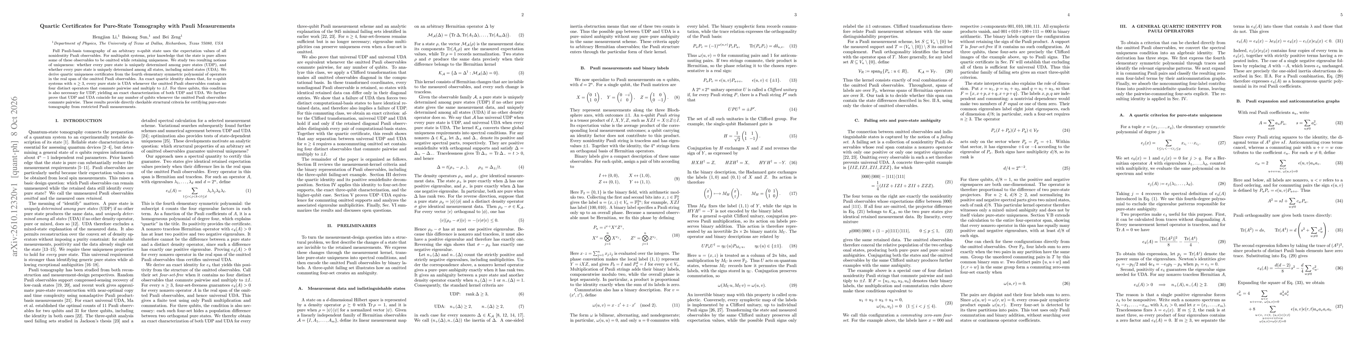 Thumbnail for Quartic Certificates for Pure-State Tomography with Pauli Measurements