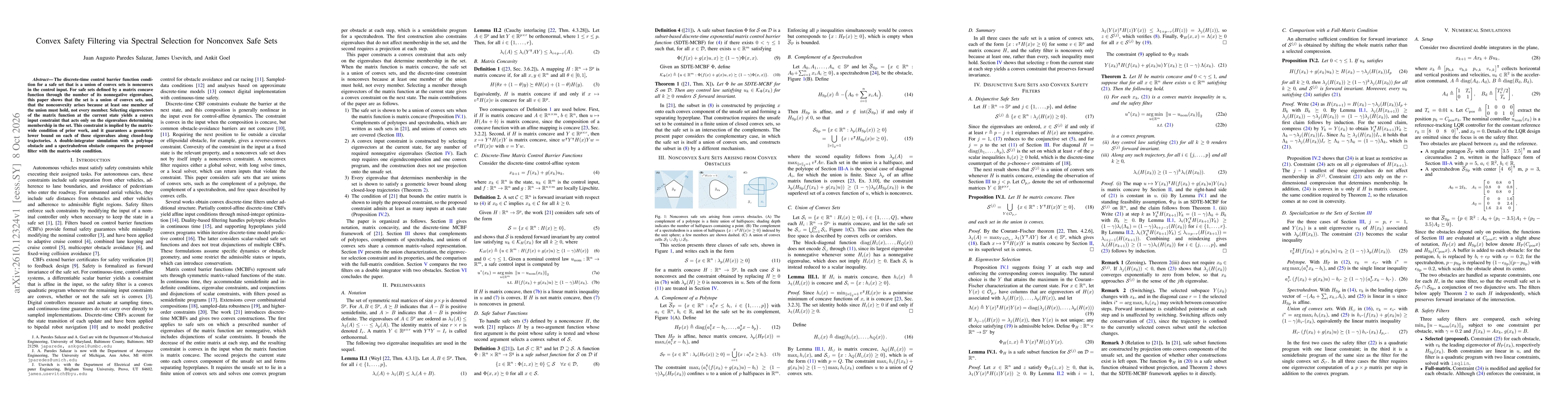 Thumbnail for Convex Safety Filtering via Spectral Selection for Nonconvex Safe Sets
