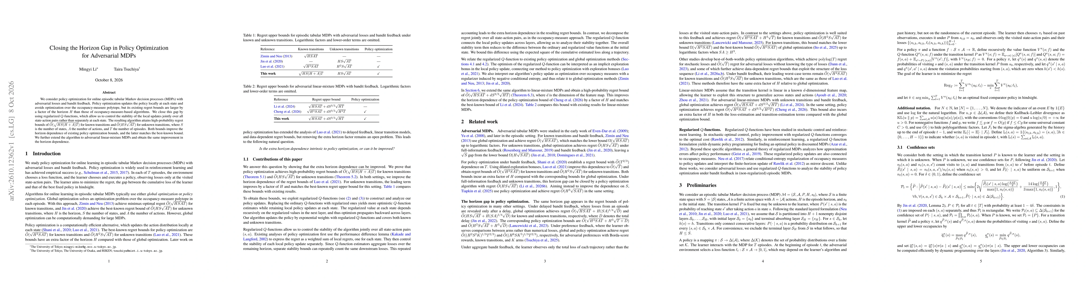 Thumbnail for Closing the Horizon Gap in Policy Optimization for Adversarial MDPs