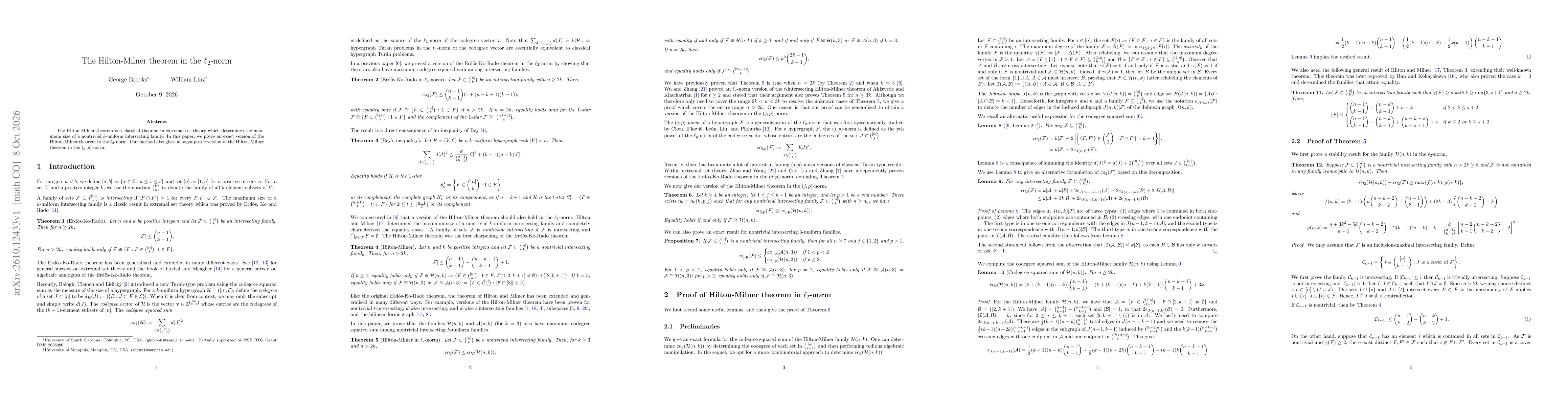 Thumbnail for The Hilton-Milner theorem in the $\ell_2$-norm
