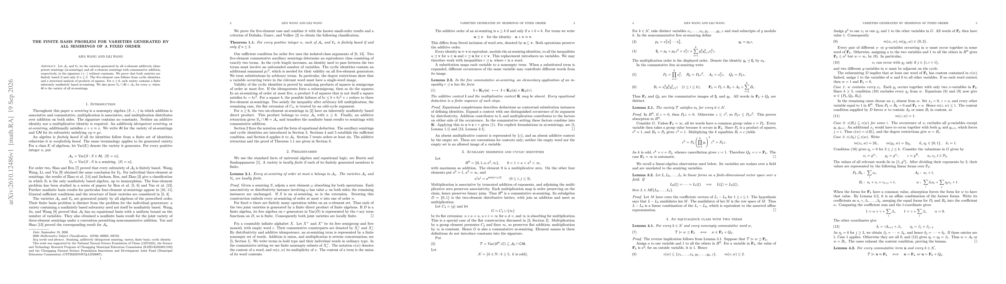 Thumbnail for The finite basis problem for varieties generated by all semirings of a fixed order
