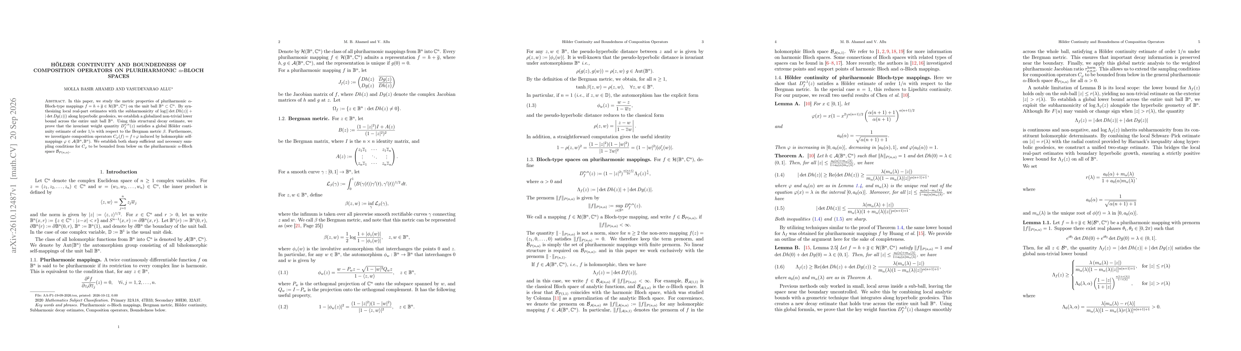 Thumbnail for Hölder Continuity and Boundedness of Composition Operators on Pluriharmonic $α$-Bloch Spaces