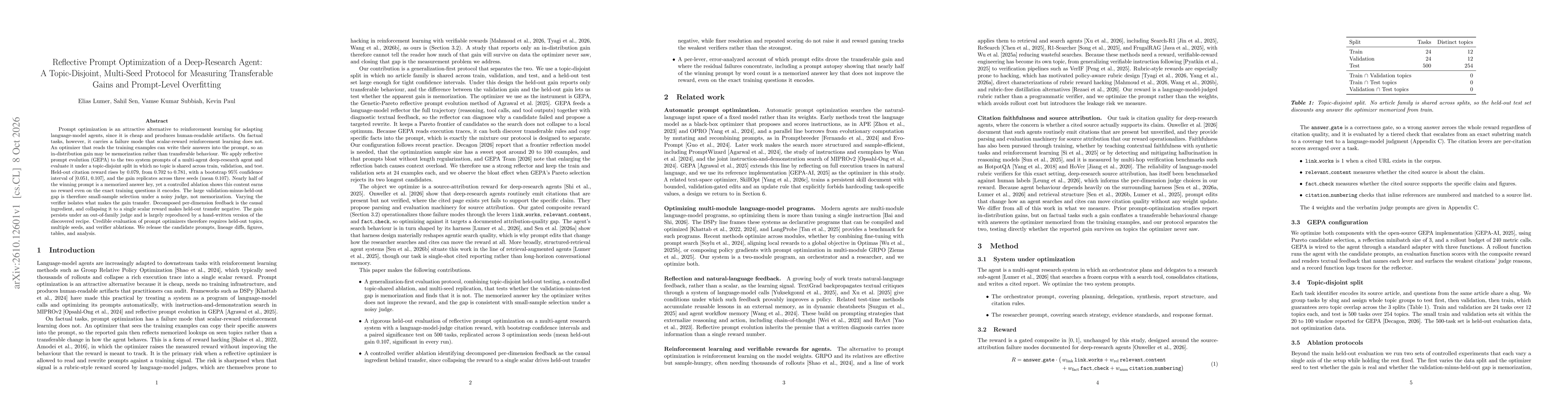 Thumbnail for Reflective Prompt Optimization of a Deep-Research Agent: A Topic-Disjoint, Multi-Seed Protocol for Measuring Transferable Gains and Prompt-Level Overfitting