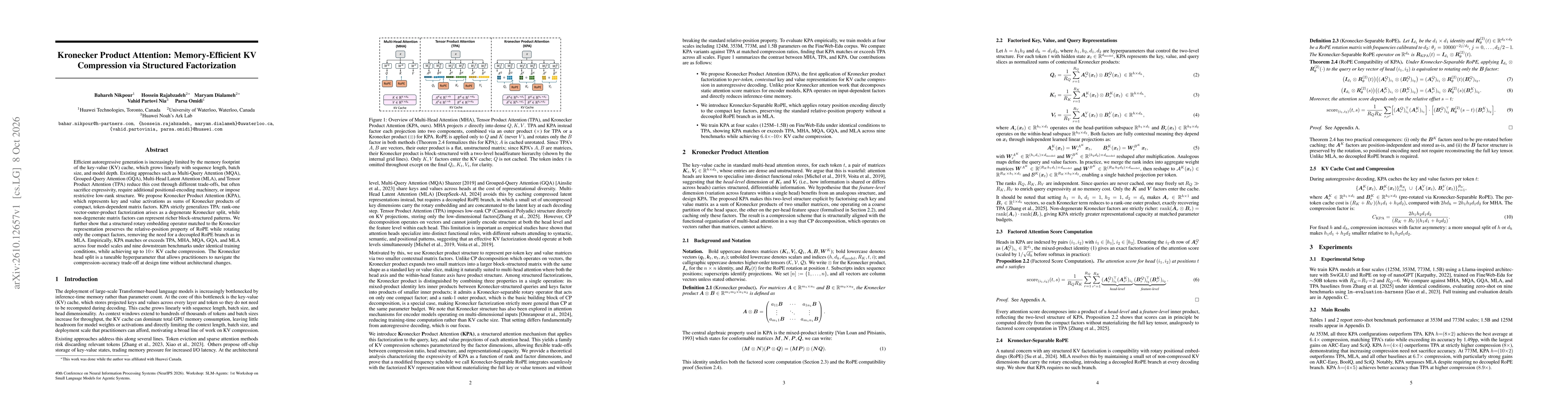 Thumbnail for Kronecker Product Attention: Memory-Efficient KV Compression via Structured Factorization