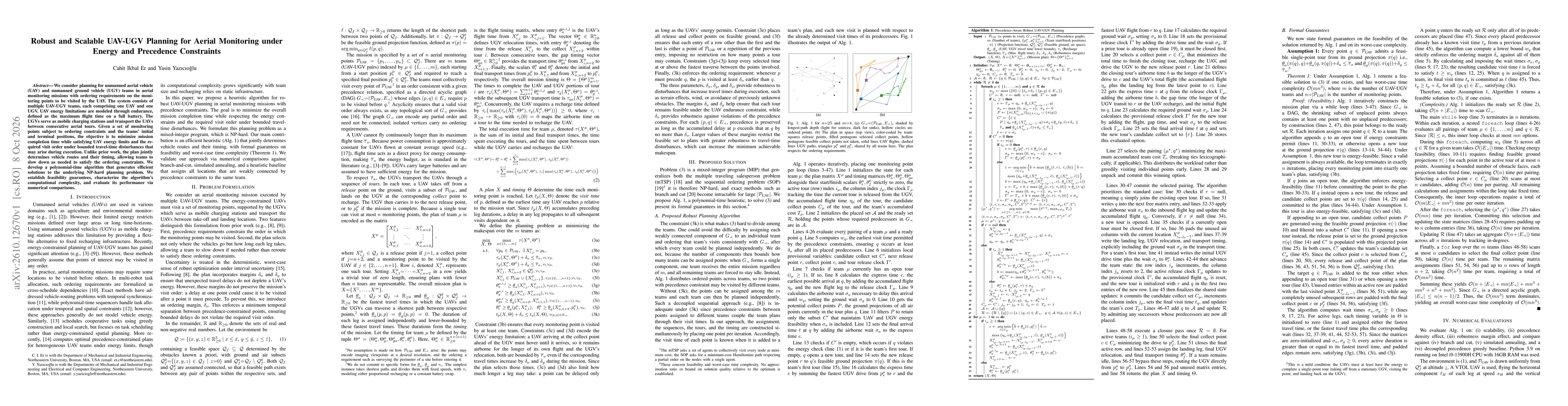 Thumbnail for Robust and Scalable UAV-UGV Planning for Aerial Monitoring under Energy and Precedence Constraints