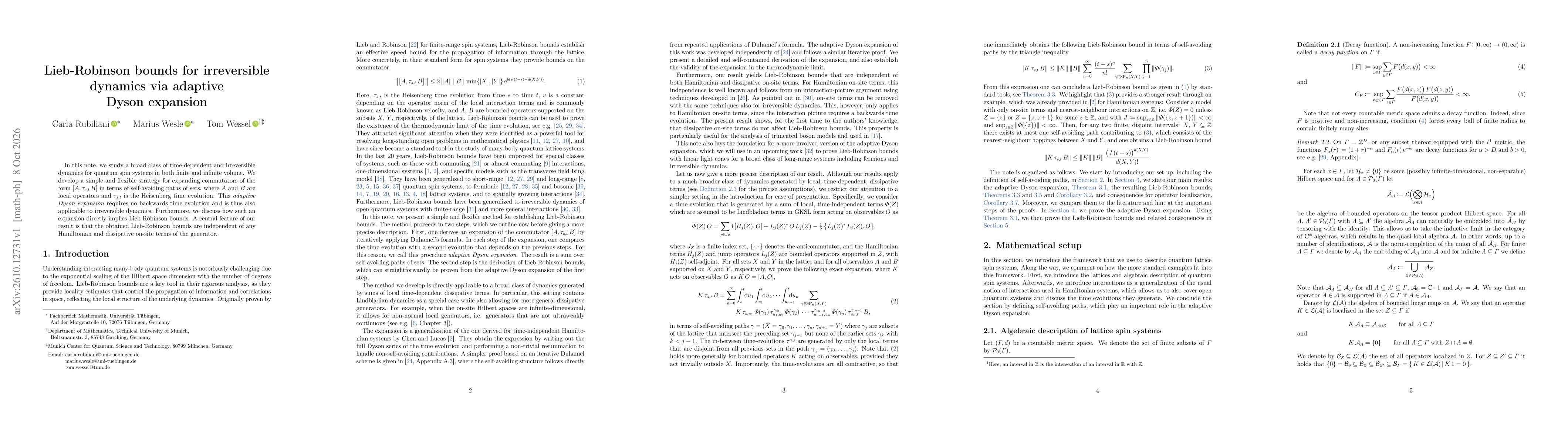 Thumbnail for Lieb-Robinson bounds for irreversible dynamics via adaptive Dyson expansion