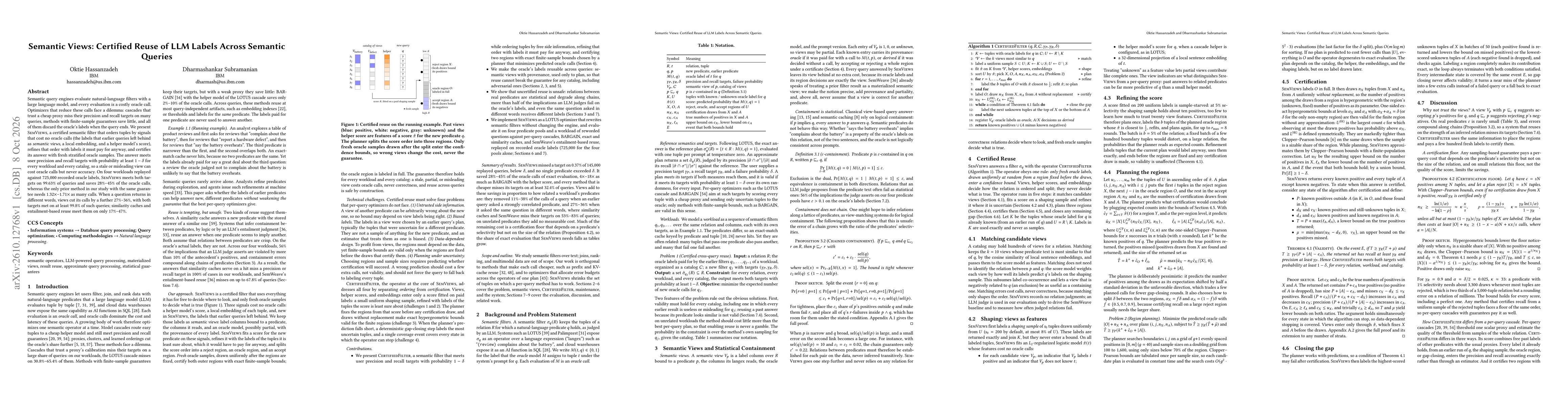 Thumbnail for Semantic Views: Certified Reuse of LLM Labels Across Semantic Queries