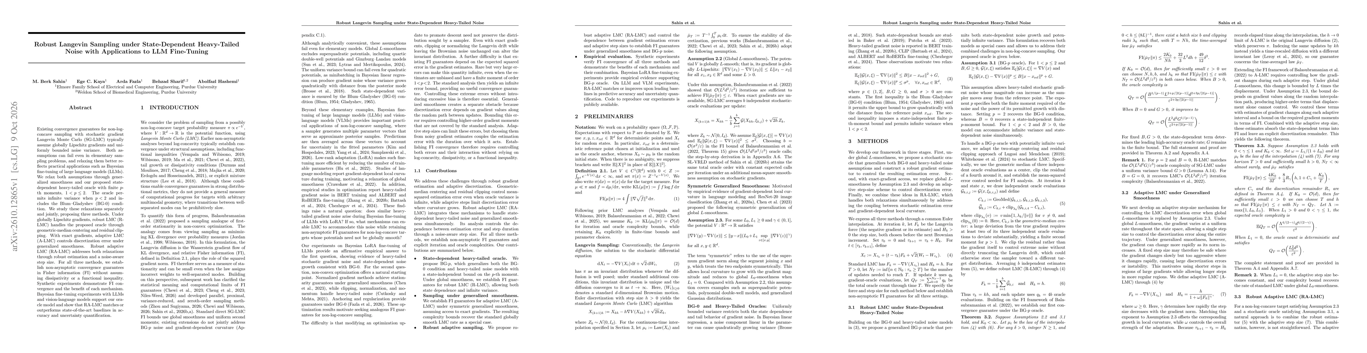 Thumbnail for Robust Langevin Sampling under State-Dependent Heavy-Tailed Noise with Applications to LLM Fine-Tuning