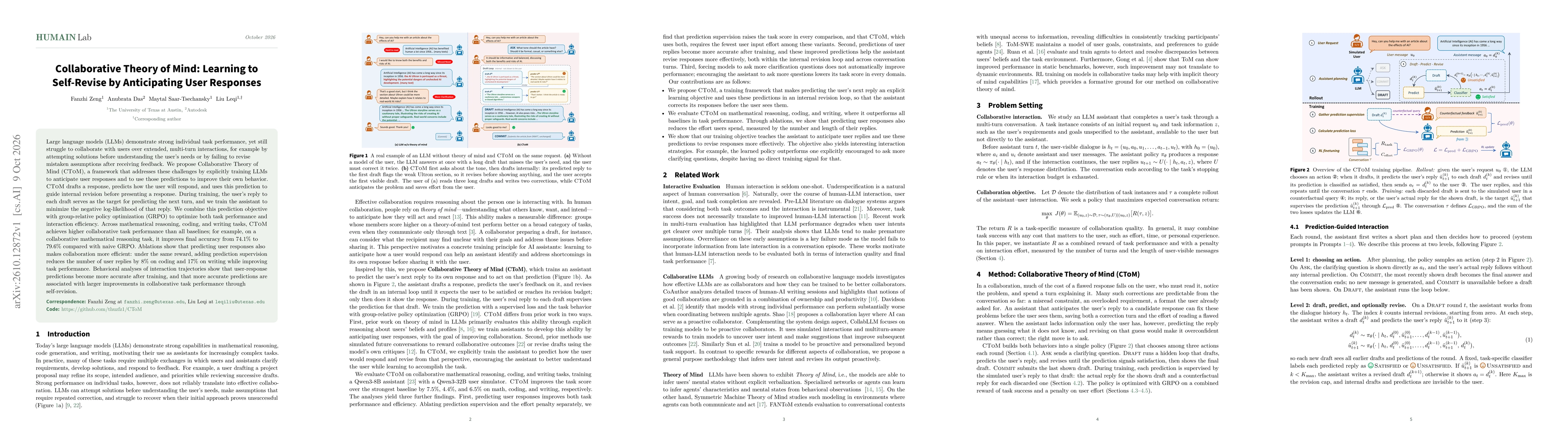 Thumbnail for Collaborative Theory of Mind: Learning to Self-Revise by Anticipating User Responses