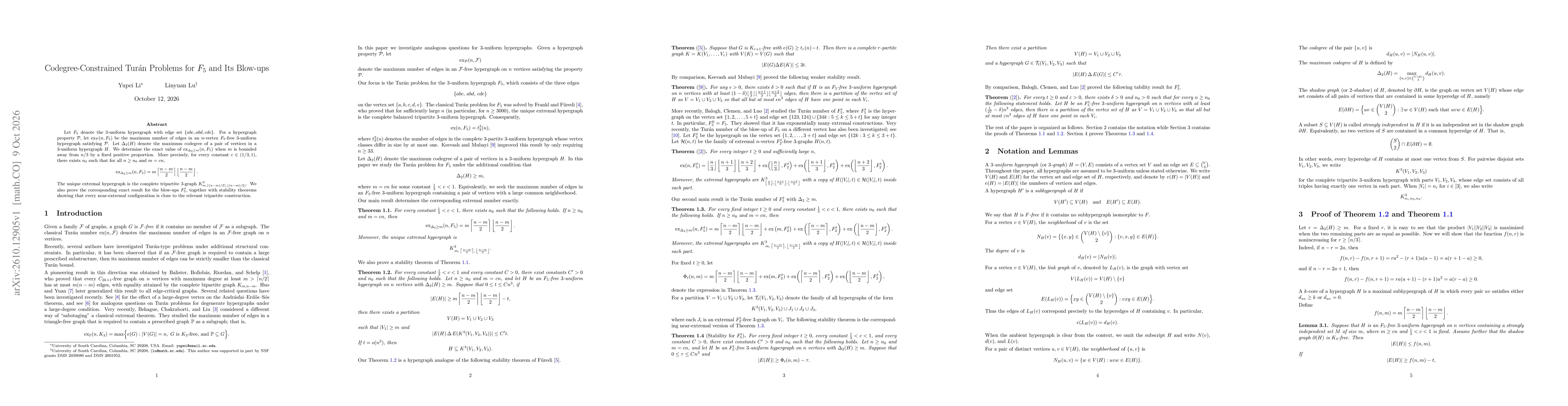 Thumbnail for Codegree-Constrained Turán Problems for $F_5$ and Its Blow-ups