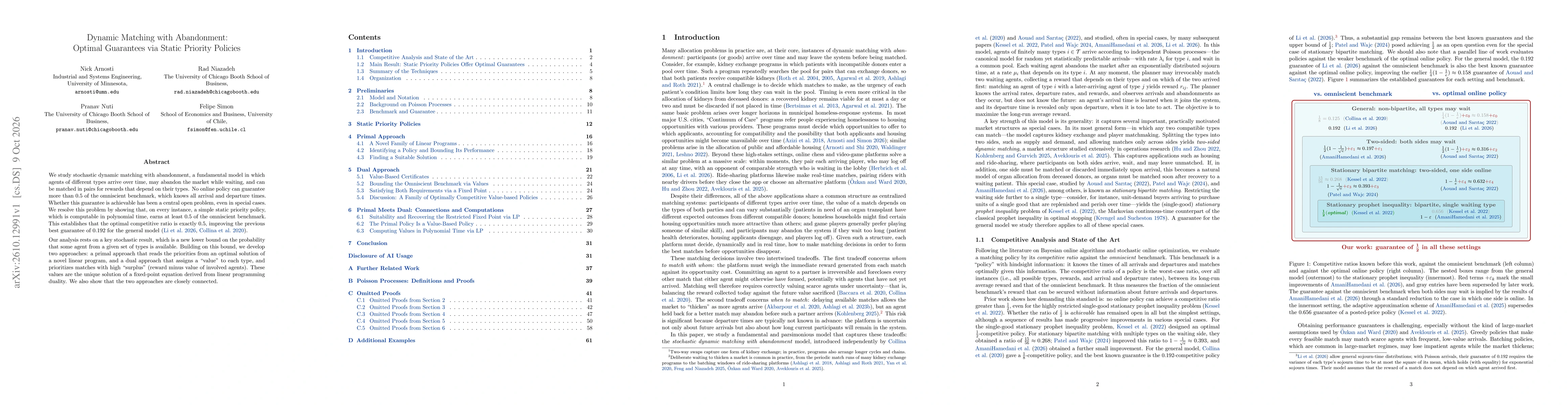 Thumbnail for Dynamic Matching with Abandonment: Optimal Guarantees via Static Priority Policies