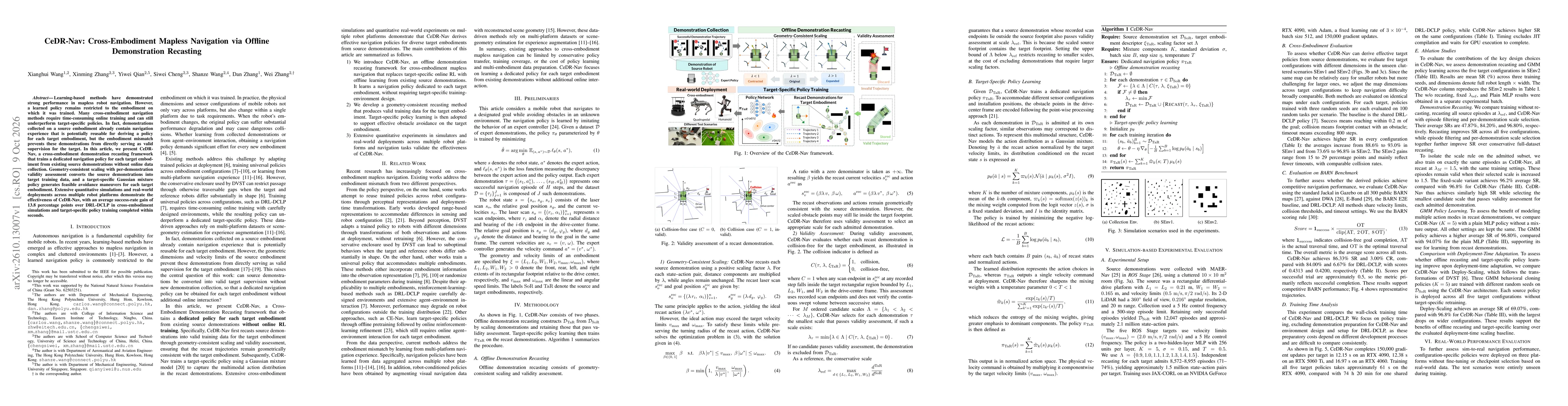 Thumbnail for CeDR-Nav: Cross-Embodiment Mapless Navigation via Offline Demonstration Recasting