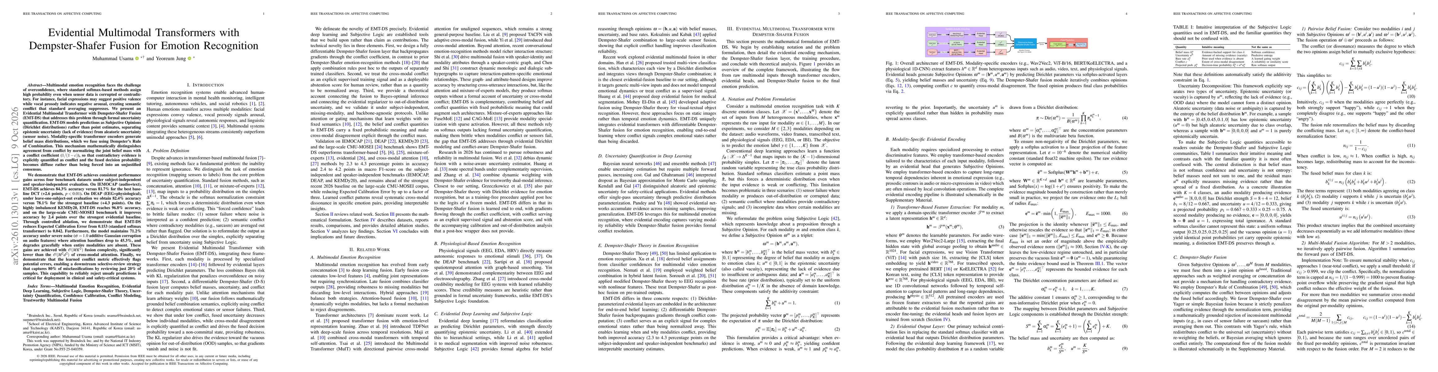 Thumbnail for Evidential Multimodal Transformers with Dempster-Shafer Fusion for Emotion Recognition