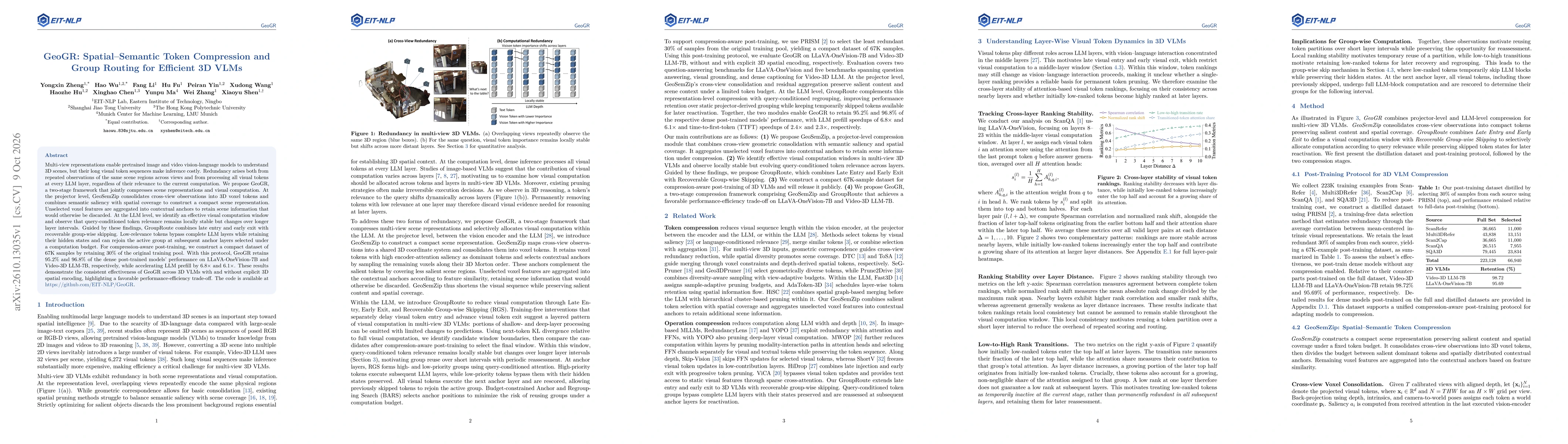 Thumbnail for GeoGR: Spatial-Semantic Token Compression and Group Routing for Efficient 3D VLMs