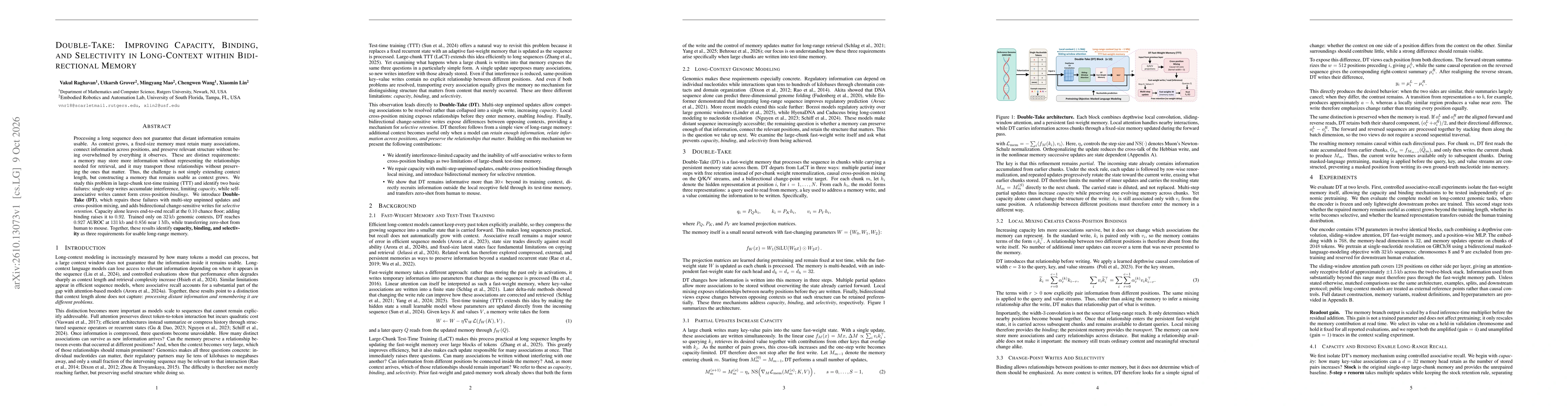 Thumbnail for Double-Take: Improving Capacity, Binding, and Selectivity In Long-Context Within Bidirectional Memory