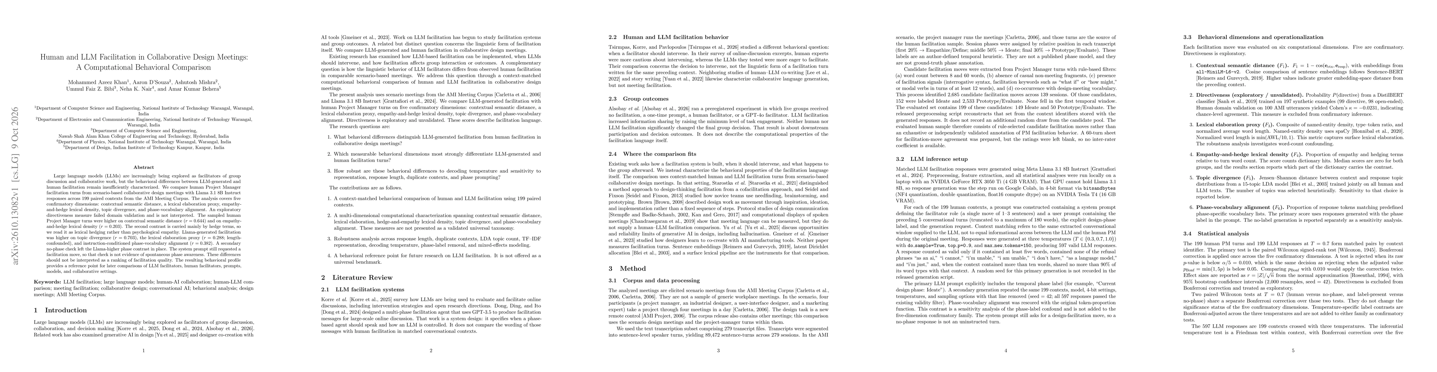 Thumbnail for Human and LLM Facilitation in Collaborative Design Meetings: A Computational Behavioral Comparison