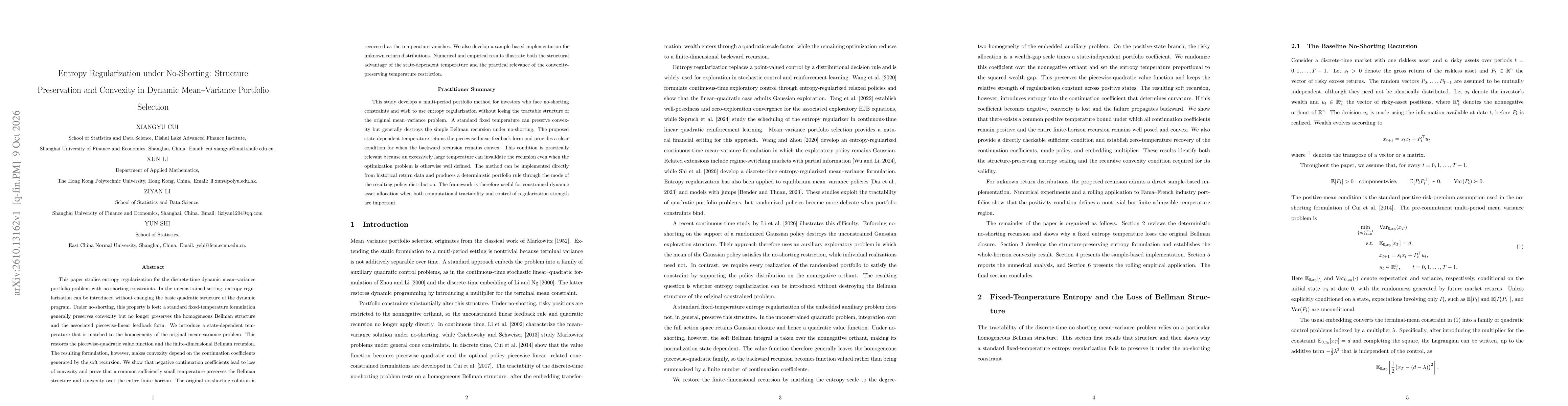 Thumbnail for Entropy Regularization under No-Shorting: Structure Preservation and Convexity in Dynamic Mean-Variance Portfolio Selection