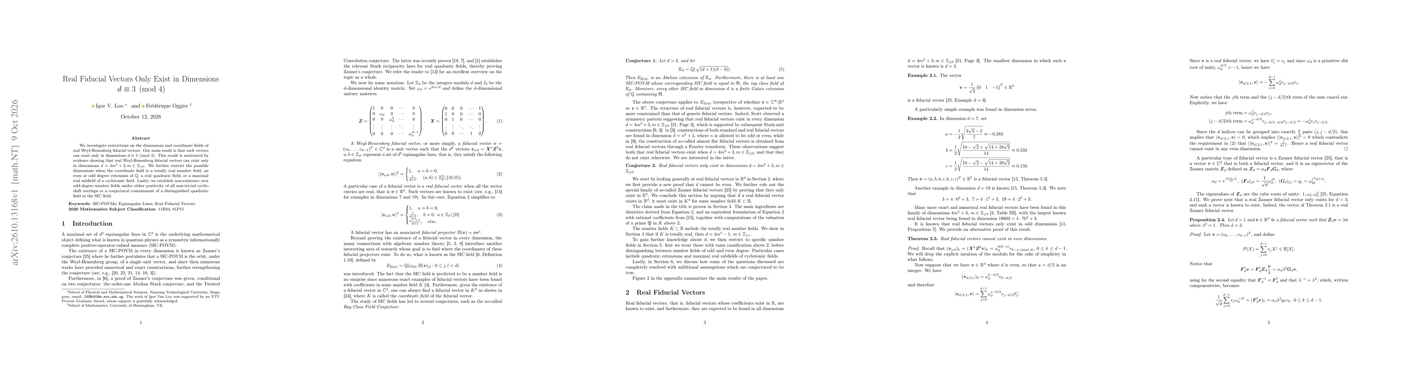 Thumbnail for Real Fiducial Vectors Only Exist in Dimensions $d\equiv 3 \pmod{4}$