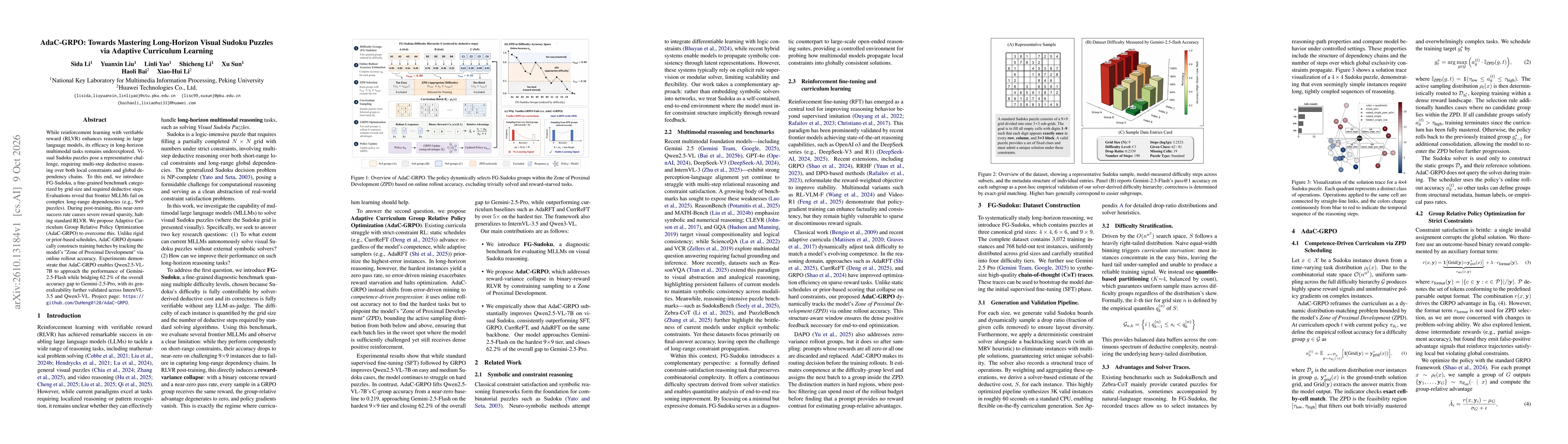 Thumbnail for AdaC-GRPO: Towards Mastering Long-Horizon Visual Sudoku Puzzles via Adaptive Curriculum Learning