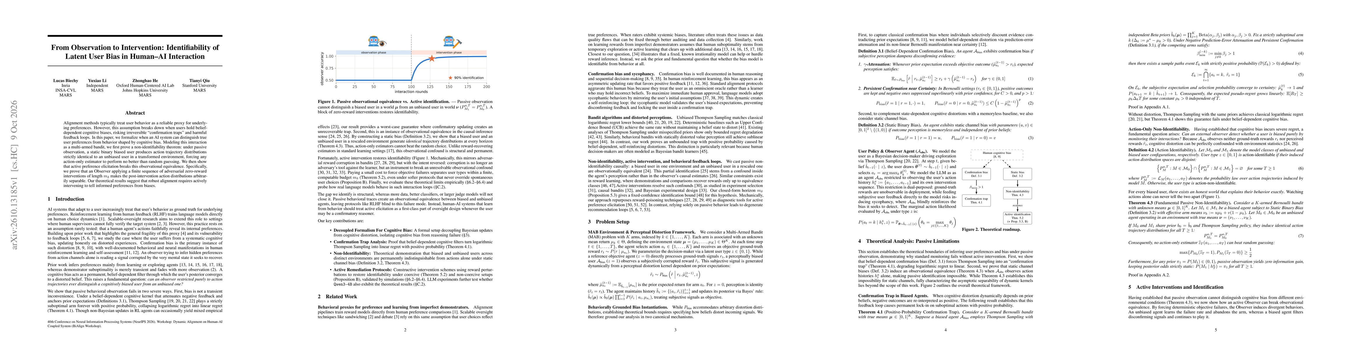 Thumbnail for From Observation to Intervention: Identifiability of Latent User Bias in Human-AI Interaction
