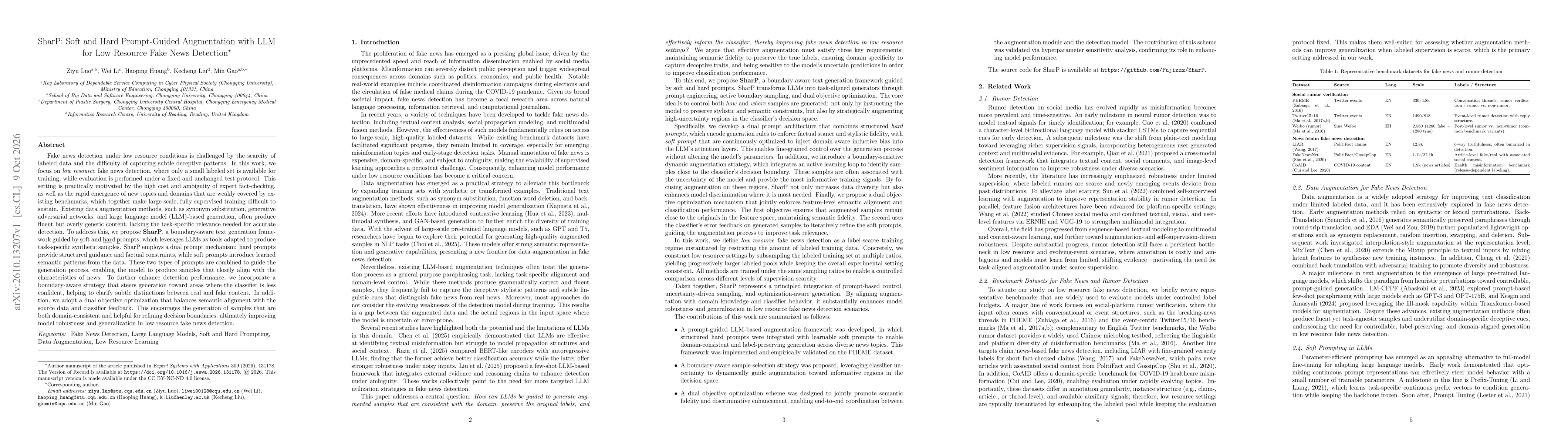 Thumbnail for SharP: Soft and Hard Prompt-Guided Augmentation with LLM for Low Resource Fake News Detection