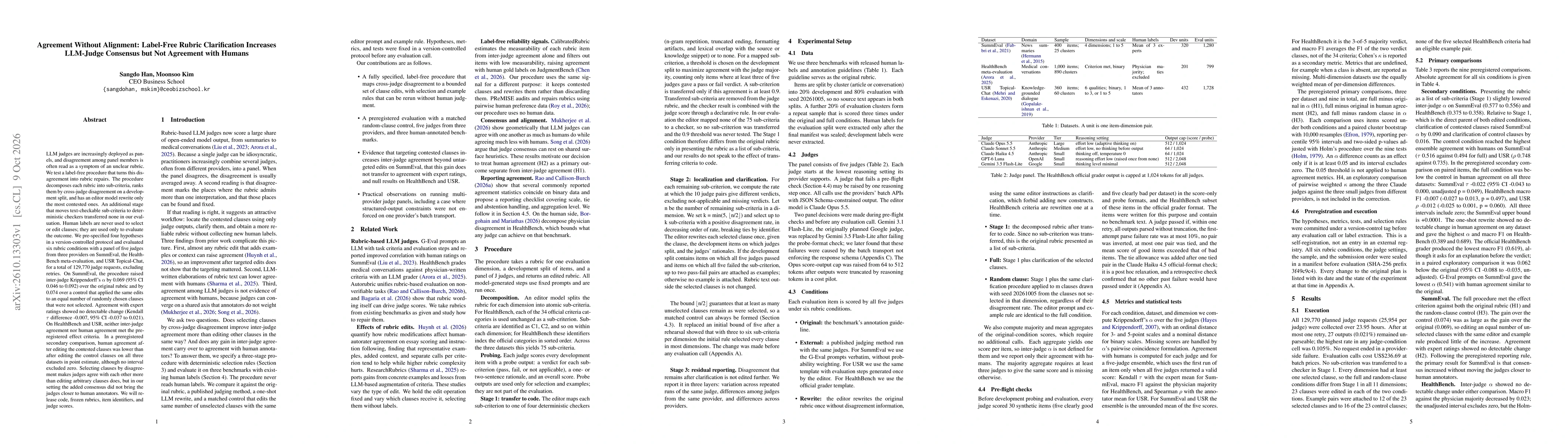 Thumbnail for Agreement Without Alignment: Label-Free Rubric Clarification Increases LLM-Judge Consensus but Not Agreement with Humans