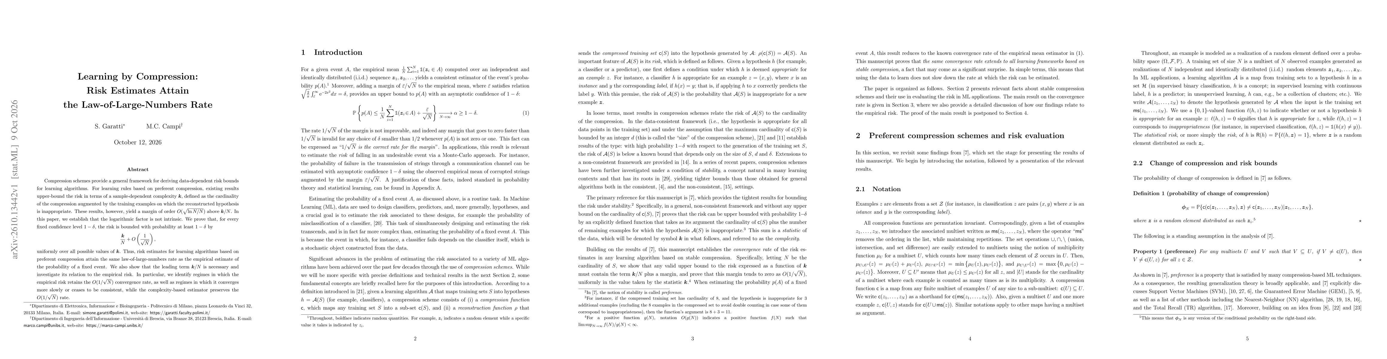 Thumbnail for Learning by Compression: Risk Estimates Attain the Law-of-Large-Numbers Rate
