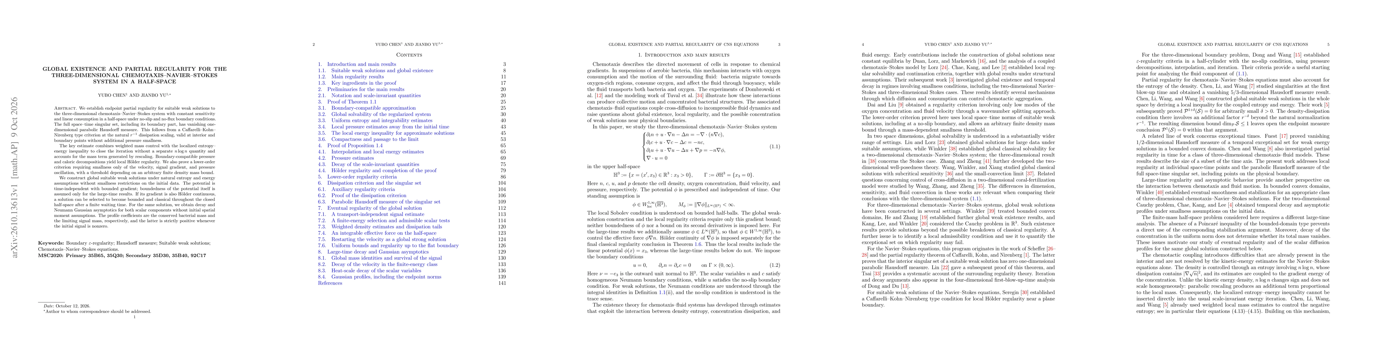 Thumbnail for Global Existence and Partial Regularity for the Three-Dimensional Chemotaxis--Navier--Stokes System in a Half-Space