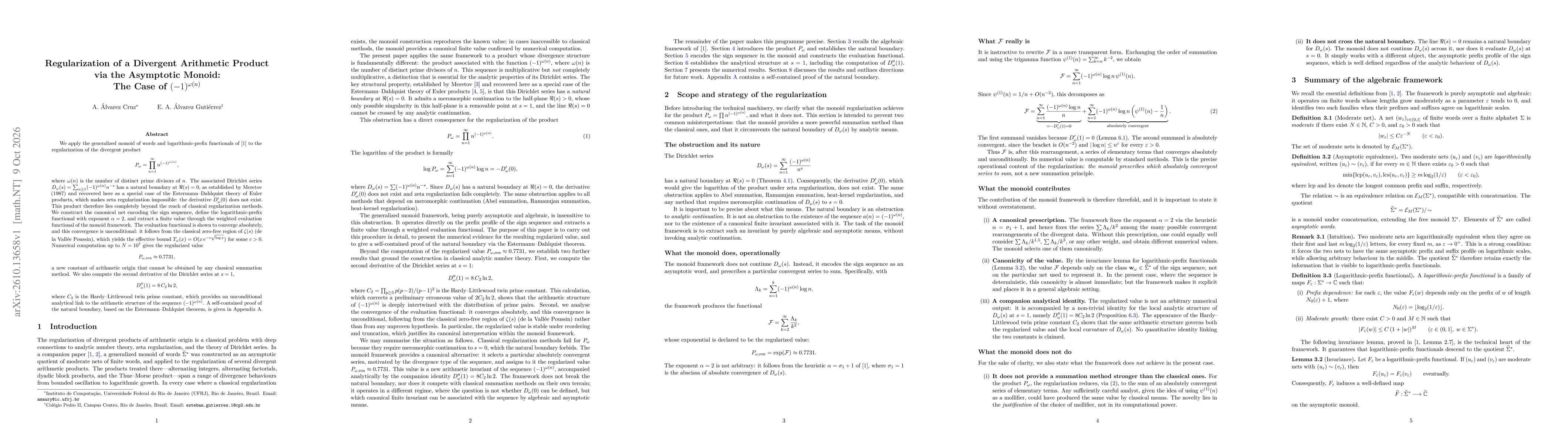 Thumbnail for Regularization of a Divergent Arithmetic Product via the Asymptotic Monoid: The Case of $(-1)^{ω(n)}$