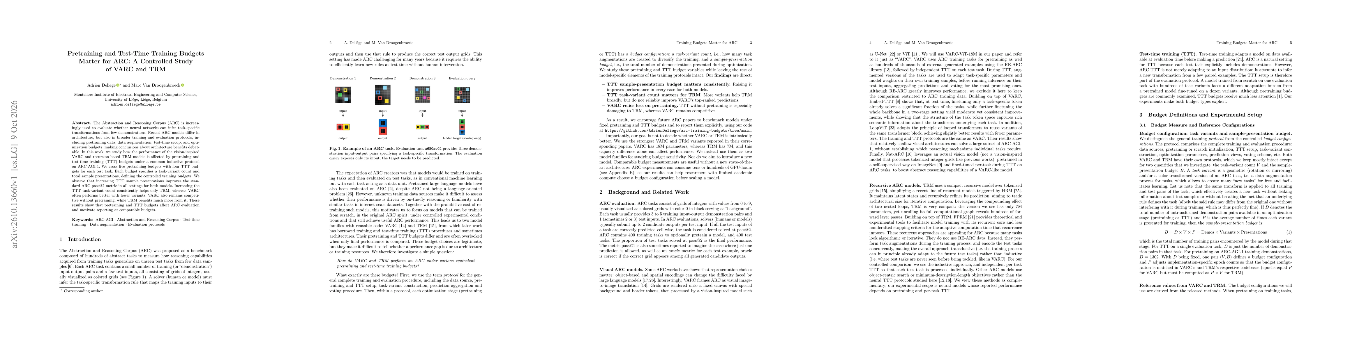 Thumbnail for Pretraining and Test-Time Training Budgets Matter for ARC: A Controlled Study of VARC and TRM