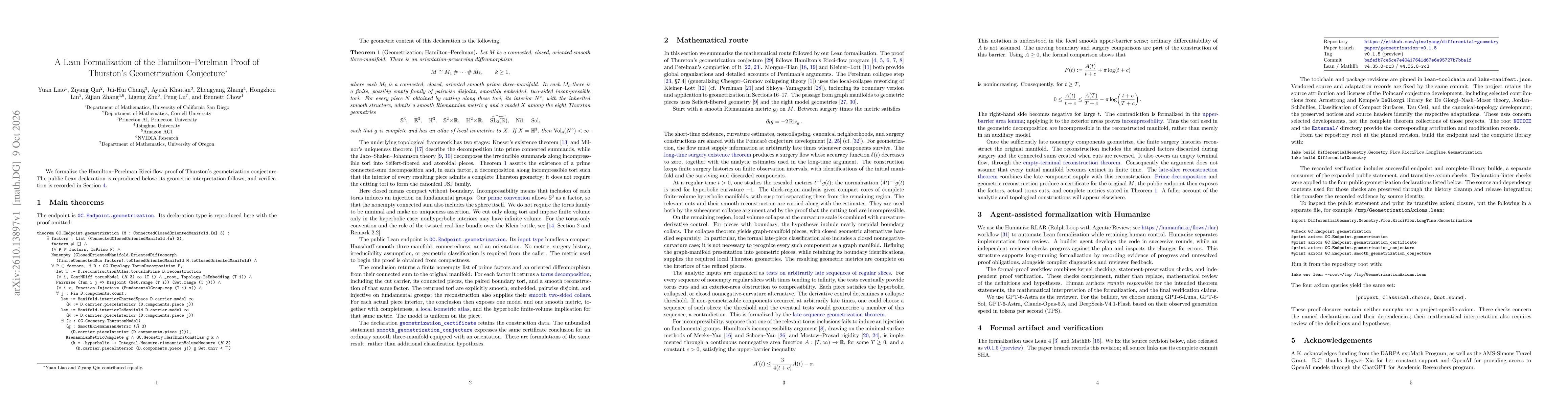 Thumbnail for A Lean Formalization of the Hamilton--Perelman Proof of Thurston's Geometrization Conjecture