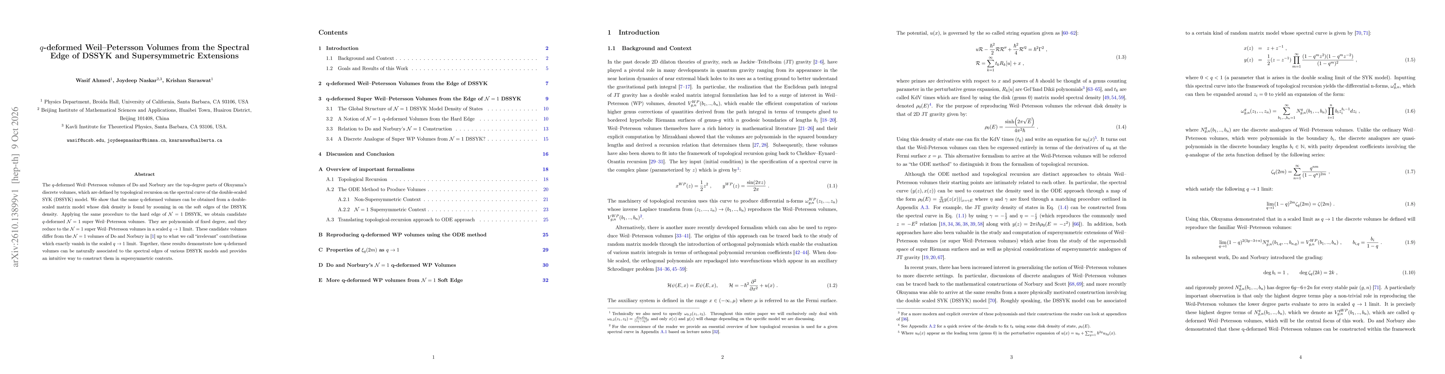 Thumbnail for $q$-deformed Weil-Petersson Volumes from the Spectral Edge of DSSYK and Supersymmetric Extensions