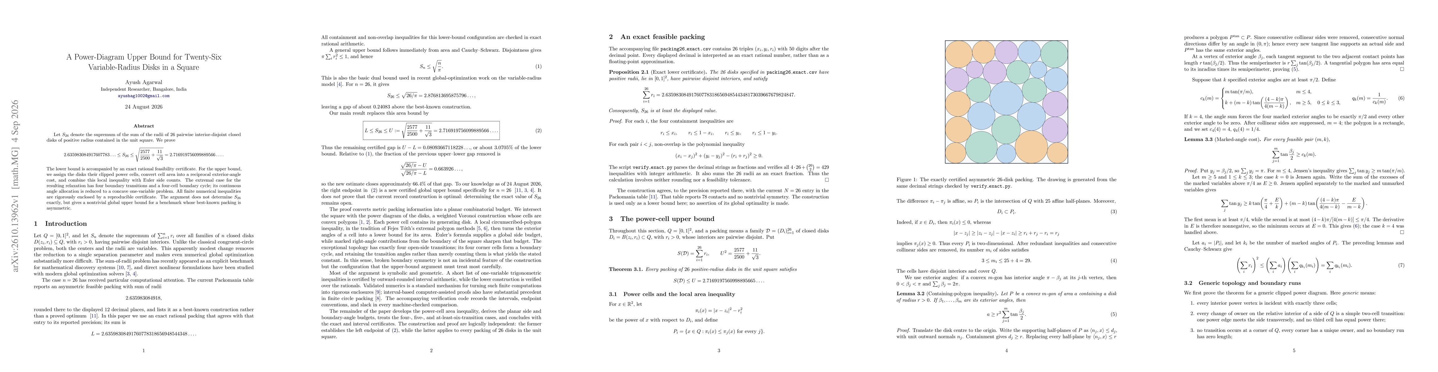 Thumbnail for A Power-Diagram Upper Bound for Twenty-Six Variable-Radius Disks in a Square