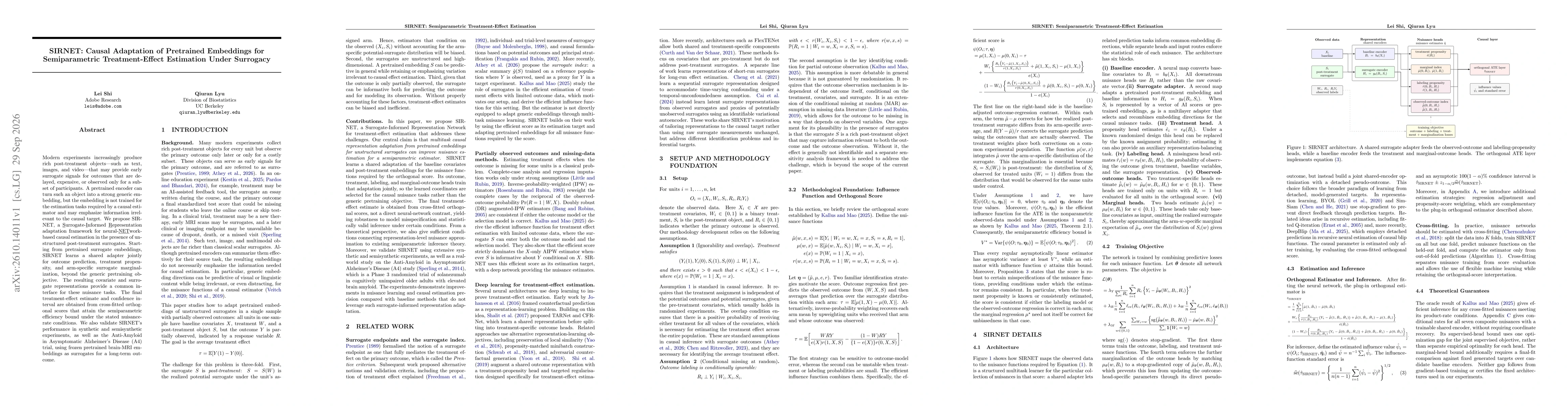 Thumbnail for SIRNET: Causal Adaptation of Pretrained Embeddings for Semiparametric Treatment-Effect Estimation Under Surrogacy