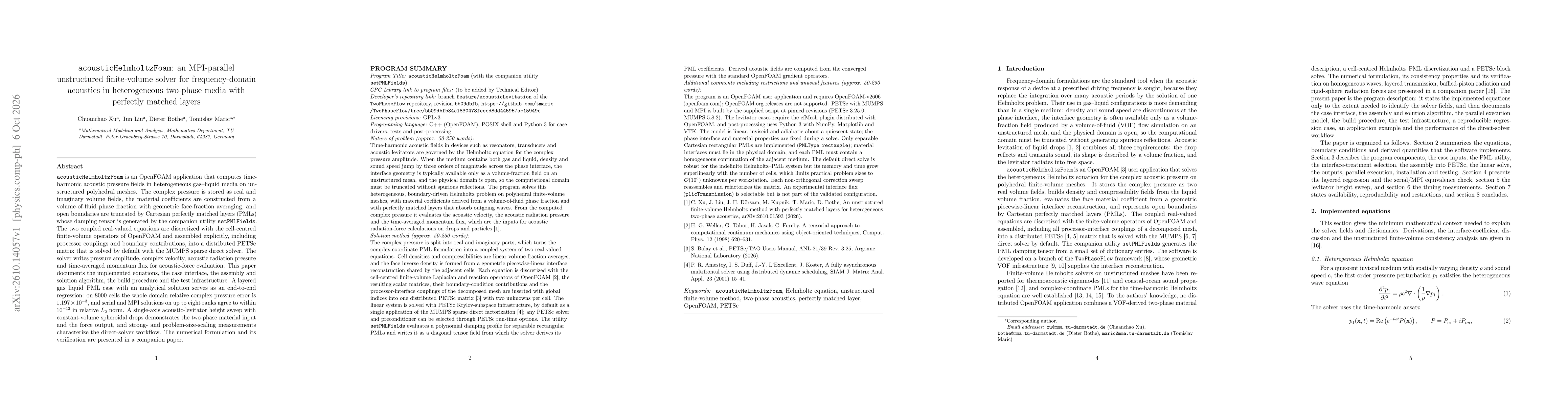 Thumbnail for acousticHelmholtzFoam: an MPI-parallel unstructured finite-volume solver for frequency-domain acoustics in heterogeneous two-phase media with perfectly matched layers