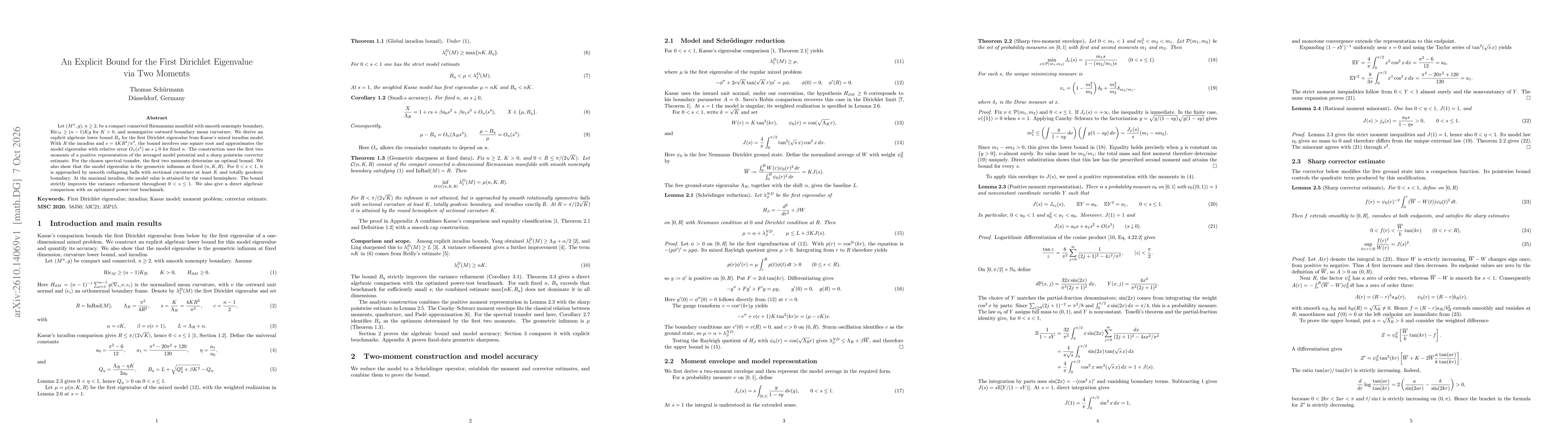 Thumbnail for An Explicit Bound for the First Dirichlet Eigenvalue via Two Moments