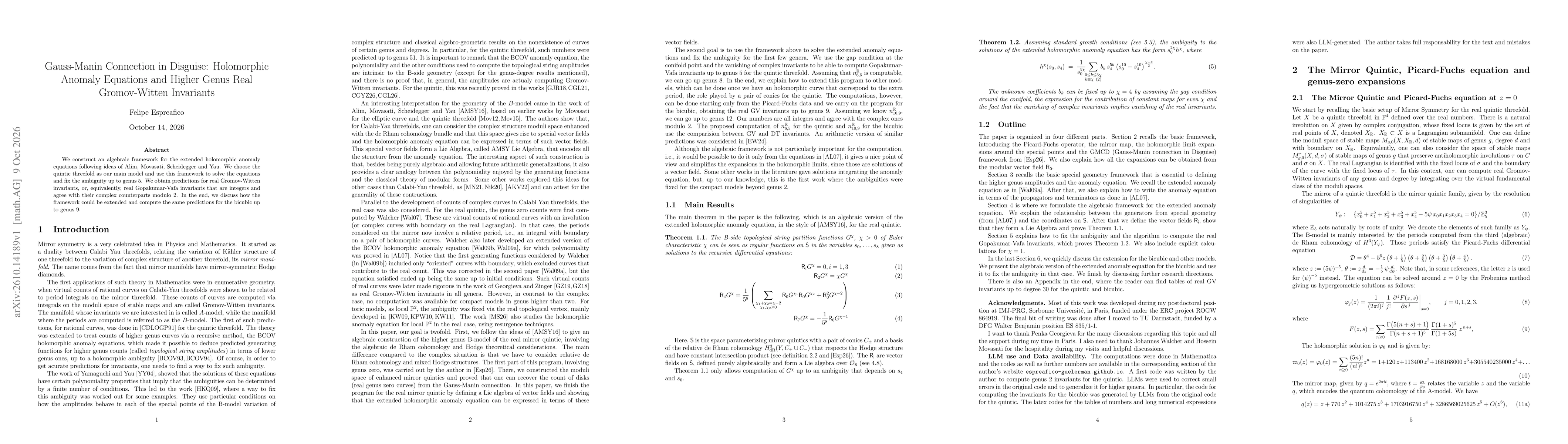 Thumbnail for Gauss-Manin Connection in Disguise: Holomorphic Anomaly Equations and Higher Genus Real Gromov-Witten Invariants